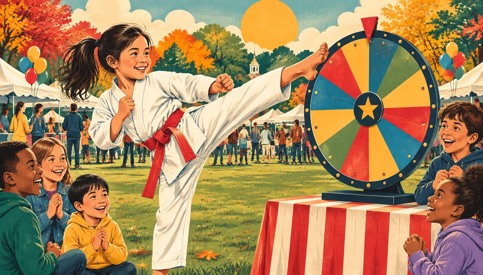 Young martial artist kicking beside a prize wheel at a community festival